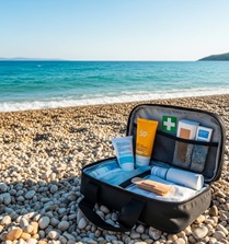 komplet prve pomoči na morski obali na prodnati plaži, morje v ozadju