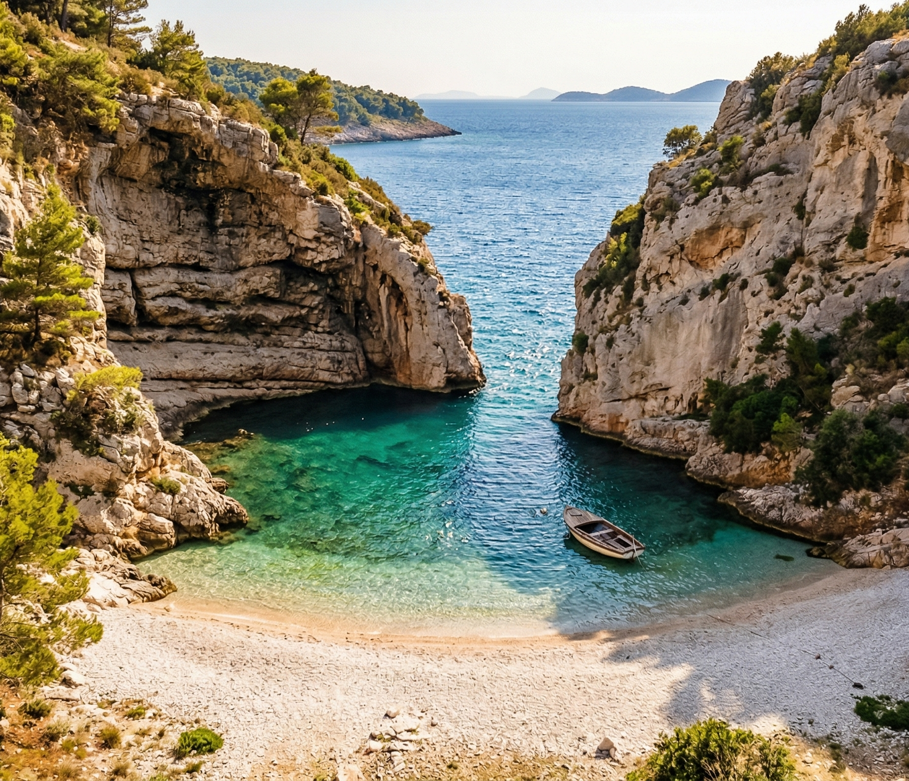 Čudovita, majhna in zapuščena hrvaška plaža, skrita med pečinami s turkizno vodo.